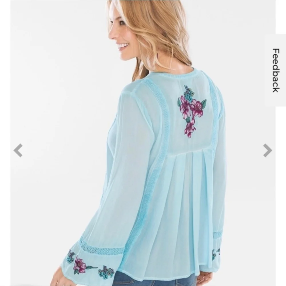 Chico's Light Blue Embroidered Boho‎ Blouse Size Medium
